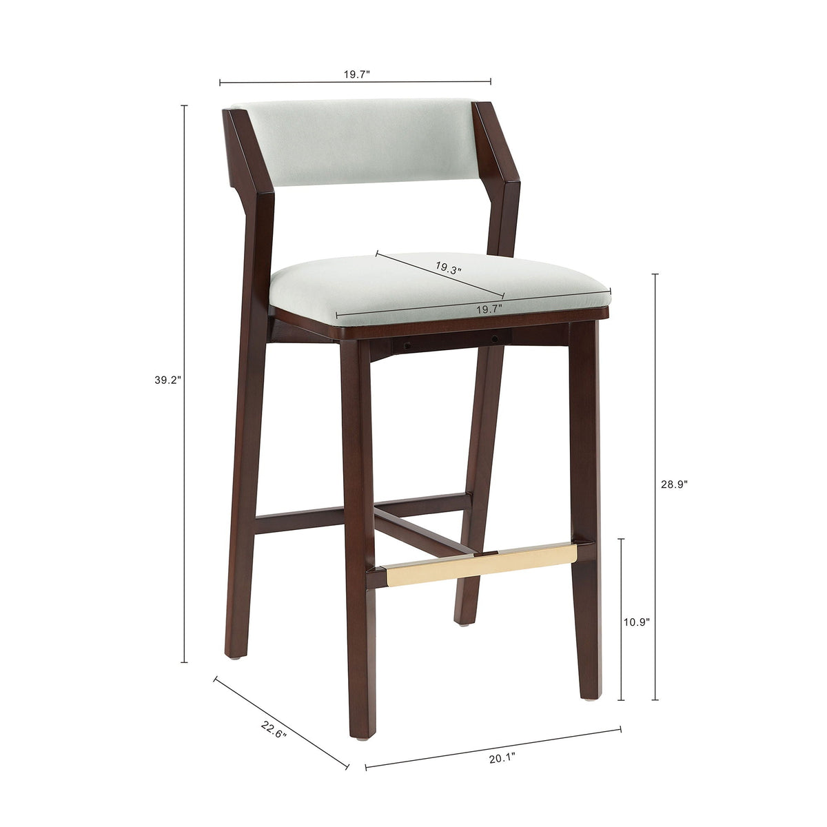 Bar Height Barstool with Backrest, pearl silver upholstery, dark wood frame on Tampa Home & Garden Store