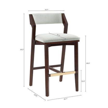 Bar Height Barstool with Backrest, pearl silver upholstery, dark wood frame on Tampa Home & Garden Store