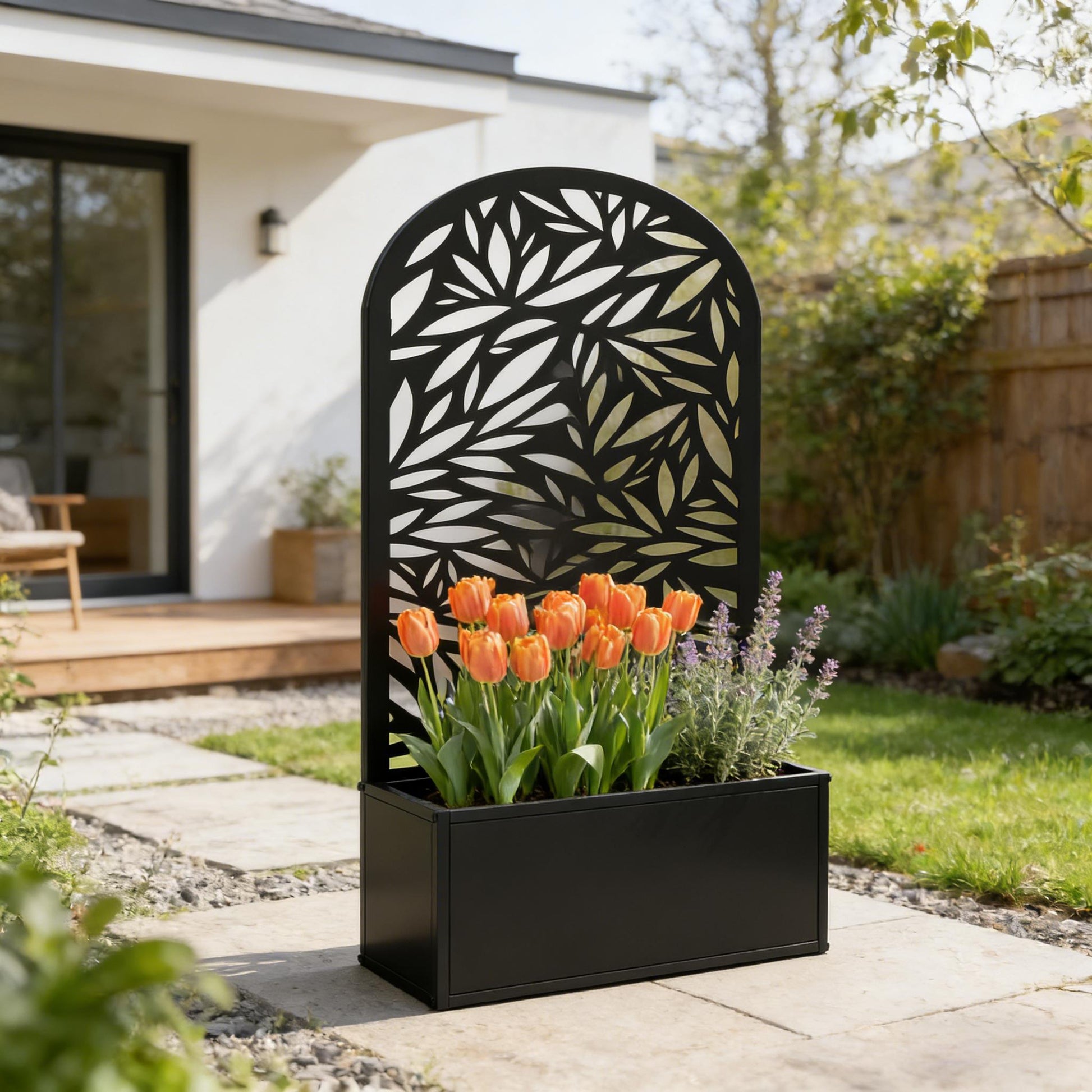 Curved raised garden bed planter black metal with leaf-cutout panel HouseOfZazla on Tampa Home & Garden Store