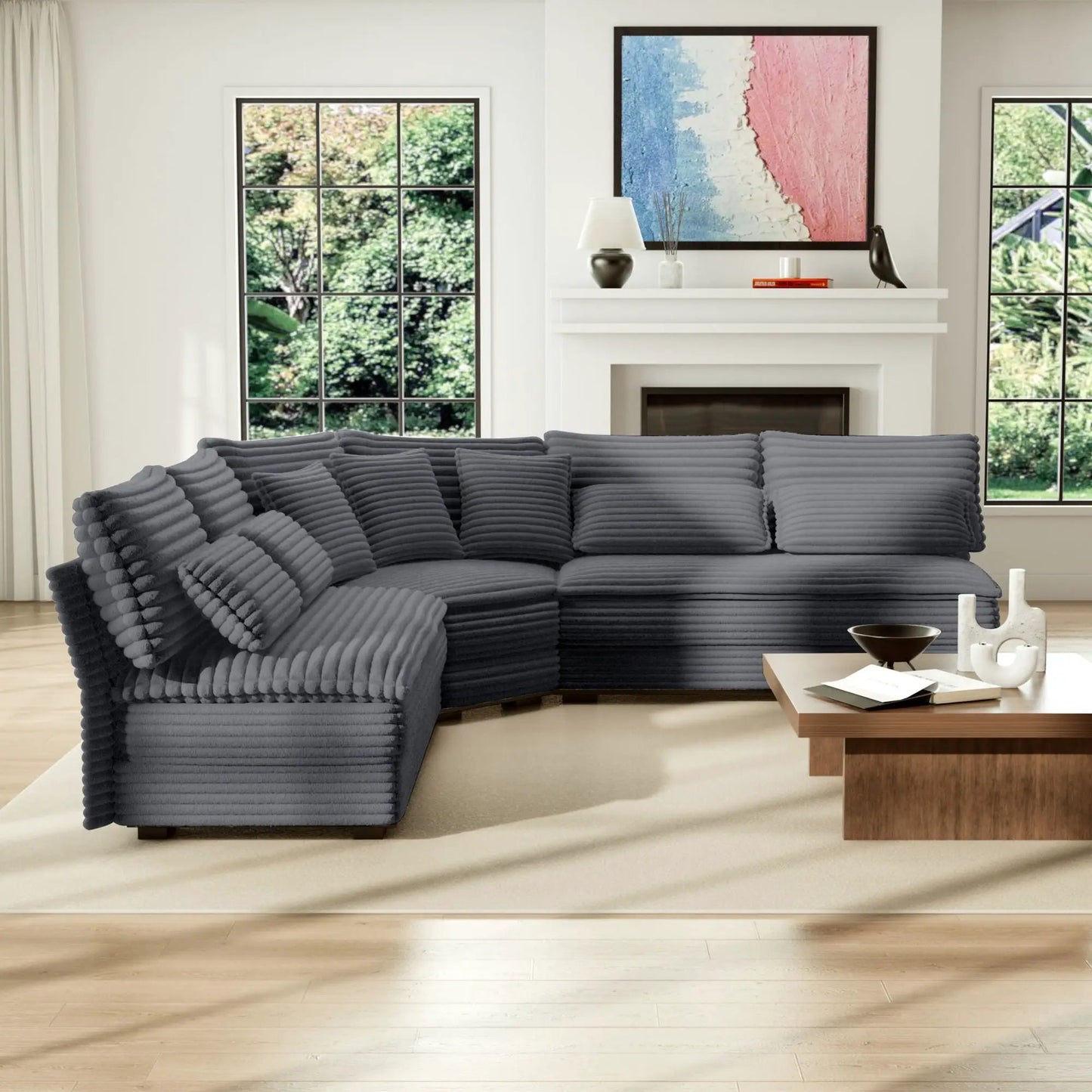 5 Seater L-Shaped Sectional Sofa with curved corner in dark gray ribbed fabric, 7 pillows on Tampa Home & Garden Store