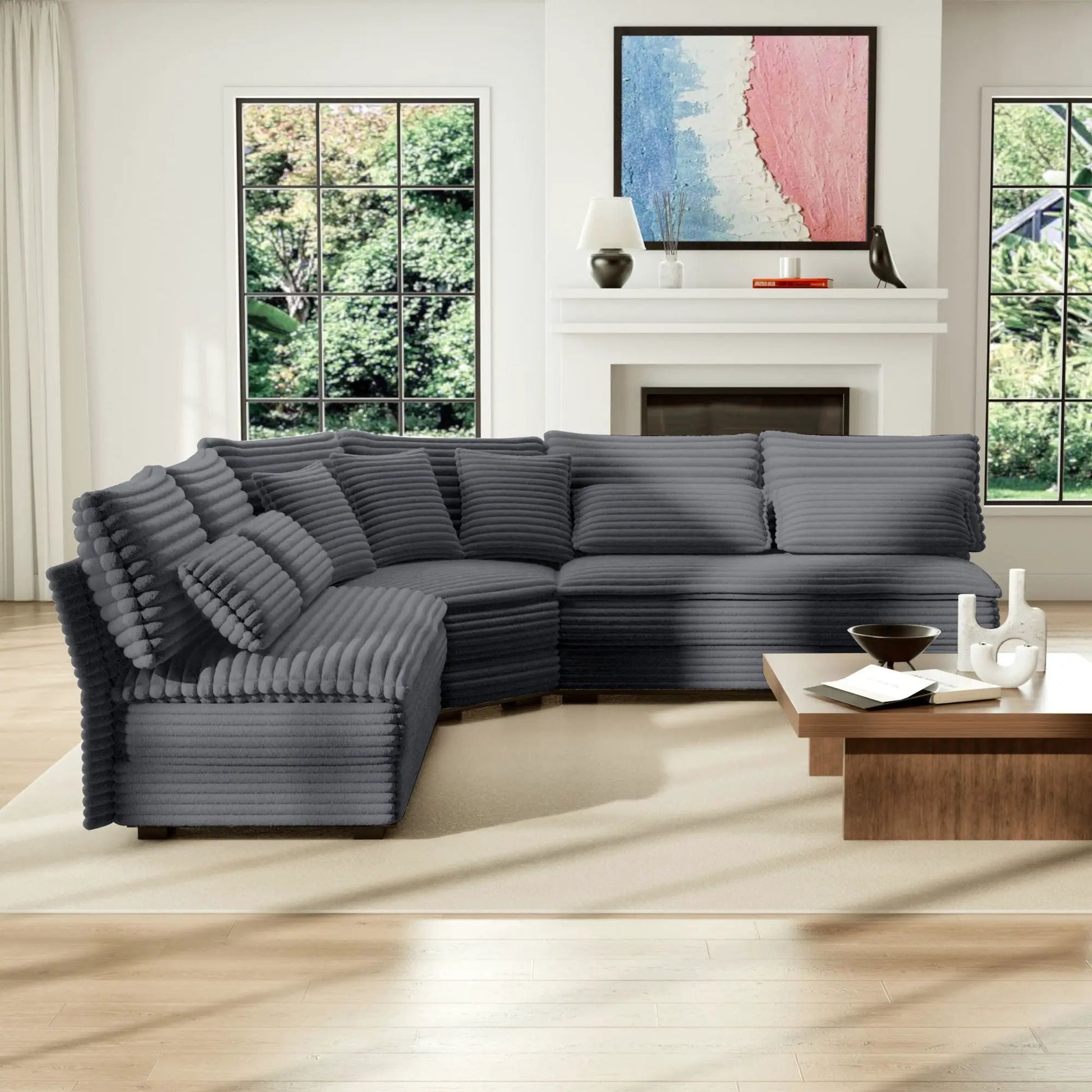 5 Seater L-Shaped Sectional Sofa with curved corner in dark gray ribbed fabric, 7 pillows on Tampa Home & Garden Store