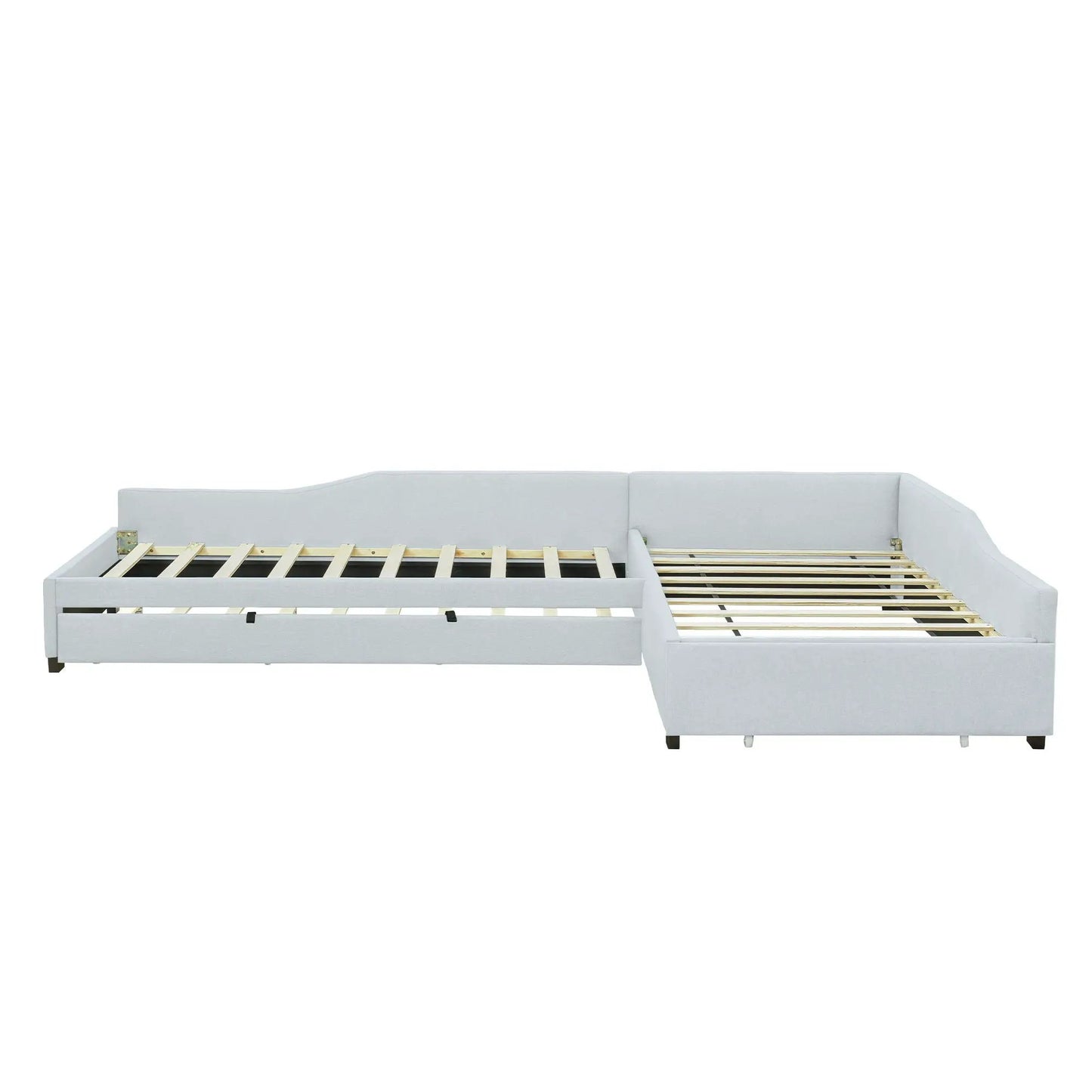 Light gray upholstered double daybed with pull-out trundle and drawer, wood slat base on Tampa Home & Garden Store