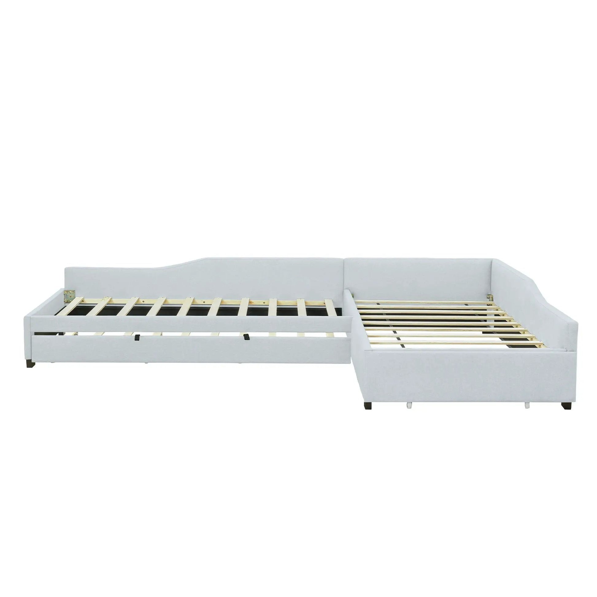 Light gray upholstered double daybed with pull-out trundle and drawer, wood slat base on Tampa Home & Garden Store