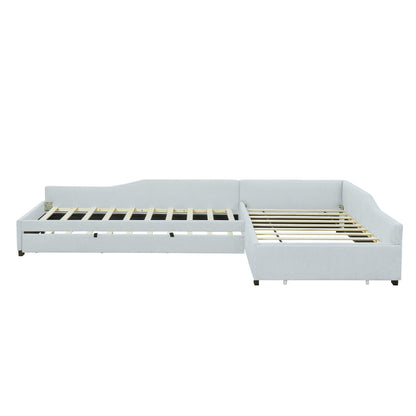 Upholstered double daybed with trundle and drawer in light gray fabric HouseOfZazla on Tampa Home & Garden Store
