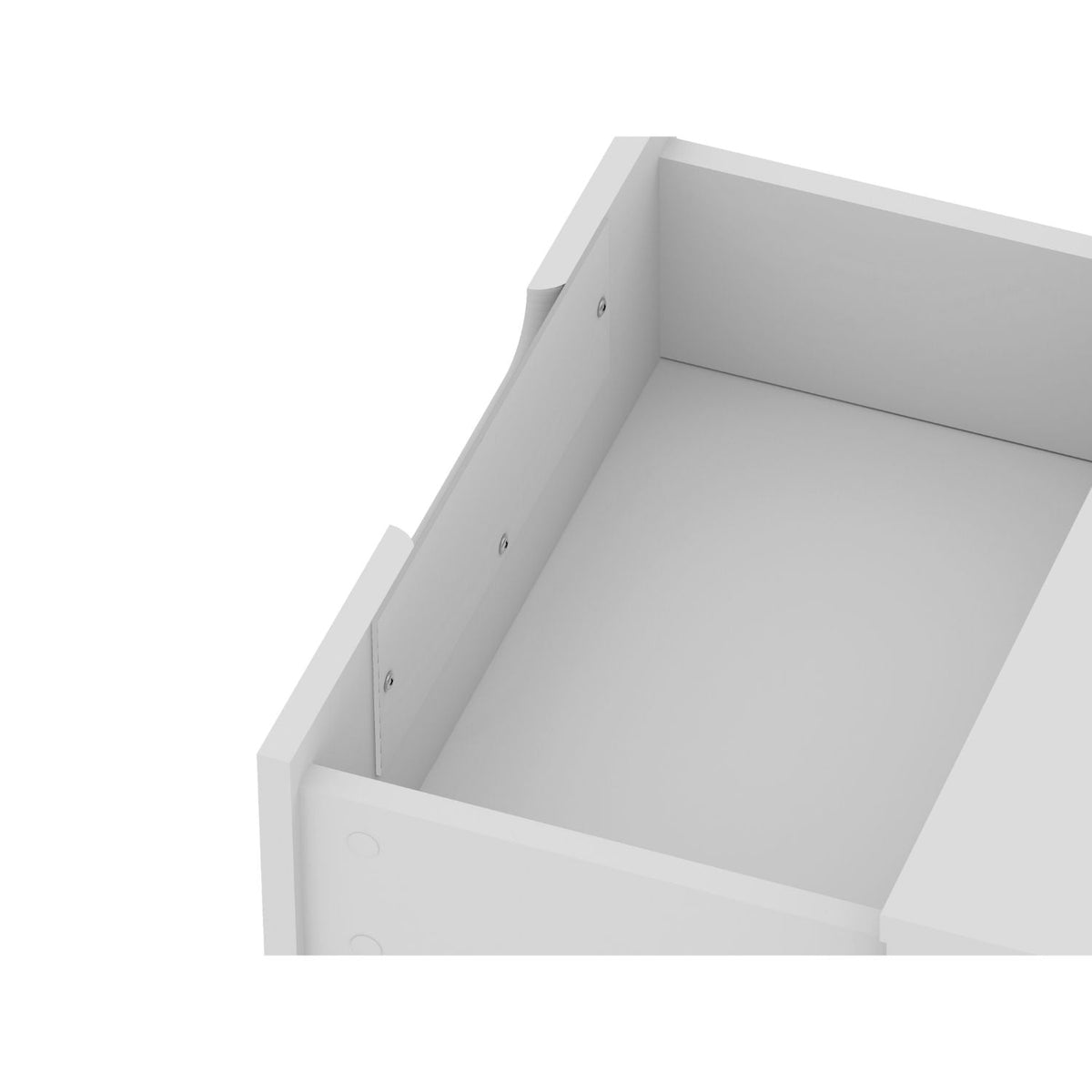 White nightstand with 2 drawers interior view, white wood, screw-fastened sides HouseOfZazla on Tampa Home & Garden Store