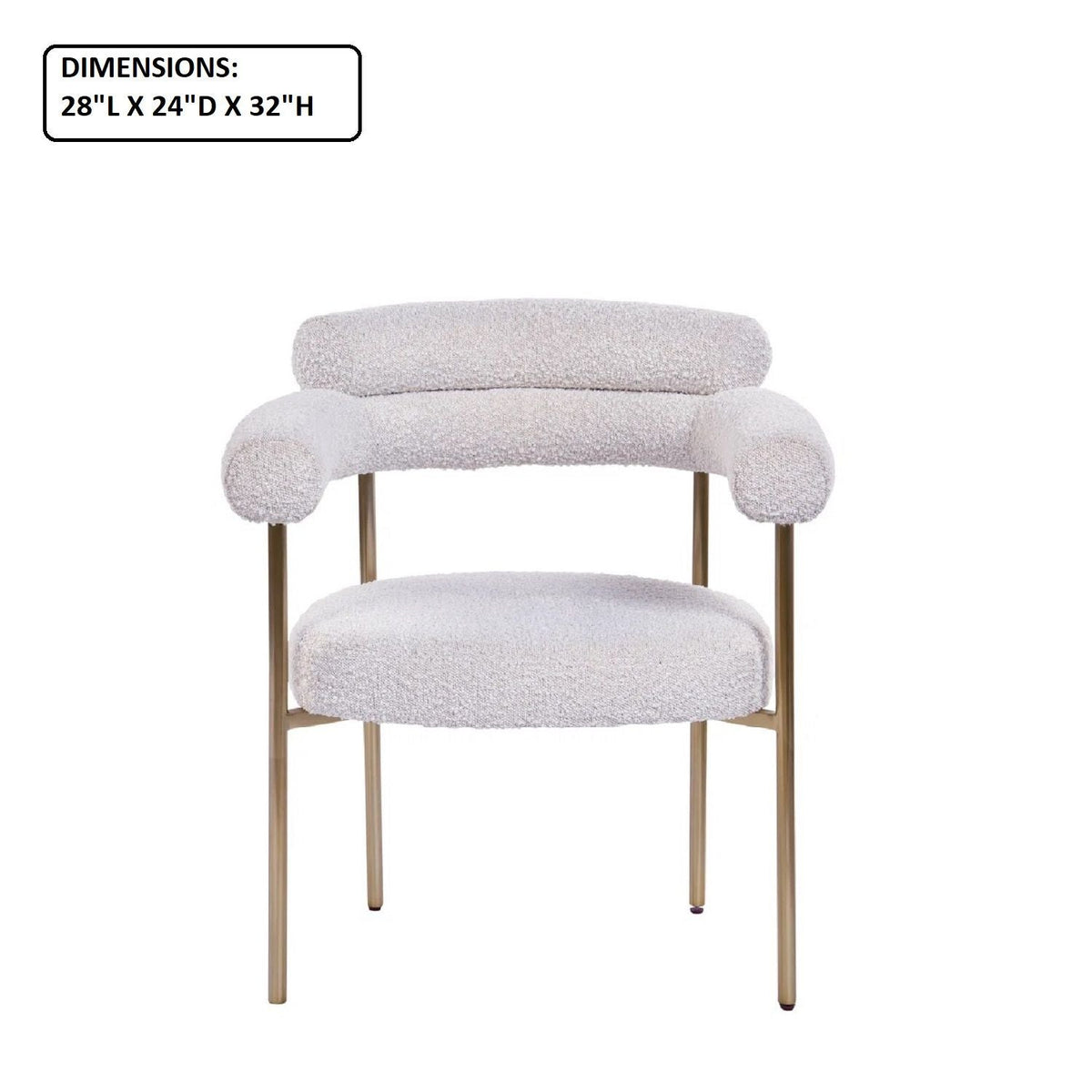 HouseOfZazla dining chairs with armrests, boucle upholstery, gold legs (set of 2) on Tampa Home & Garden Store