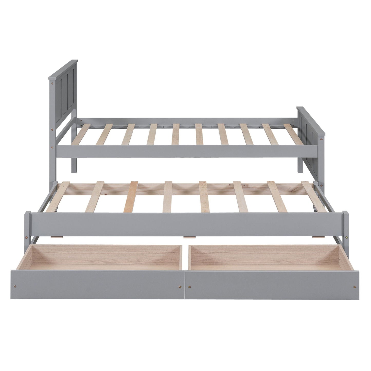 Grey platform bed frame with built-in trundle and two light wood drawers on Tampa Home & Garden Store