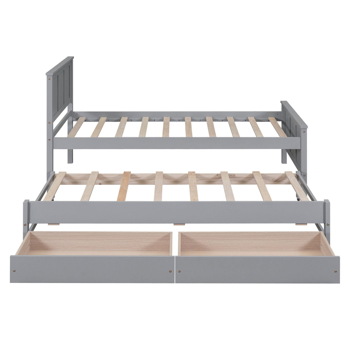 Grey platform bed frame with built-in trundle and two light wood drawers on Tampa Home & Garden Store