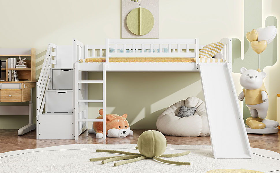 Loft Stairway Bed with 2 Drawers and Slide in white wood frame on Tampa Home & Garden Store