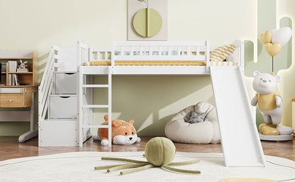 Loft Stairway Bed with 2 Drawers and Slide in white wood frame on Tampa Home & Garden Store