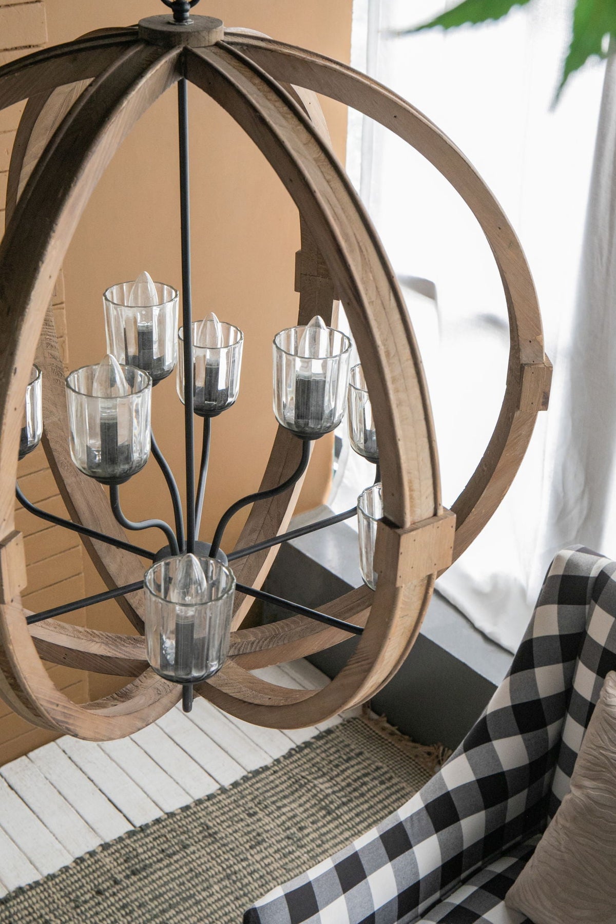 Chandelier hanging light fixture with circular wooden ring and glass cups HouseOfZazla on Tampa Home & Garden Store
