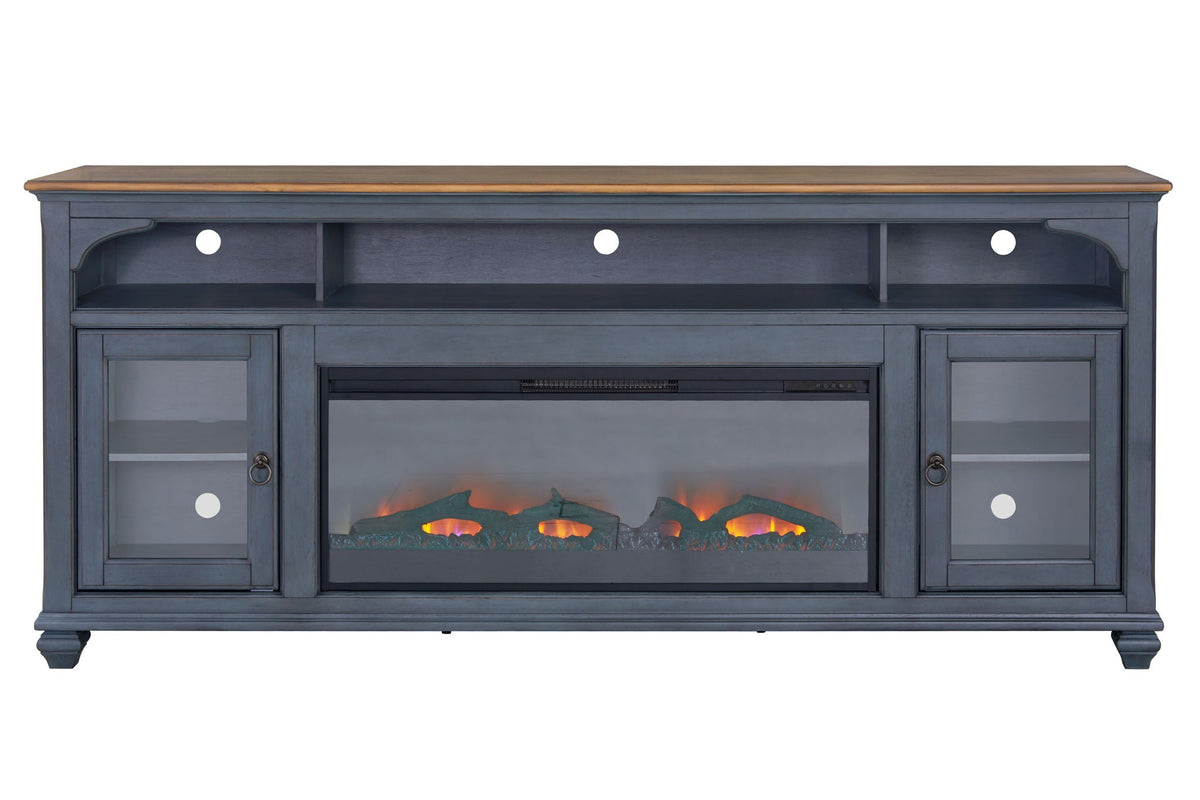 Fireplace TV stand blue with glass doors and fireplace insert by HouseOfZazla on Tampa Home & Garden Store