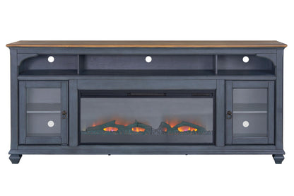 Fireplace TV stand blue with glass doors and fireplace insert by HouseOfZazla on Tampa Home & Garden Store