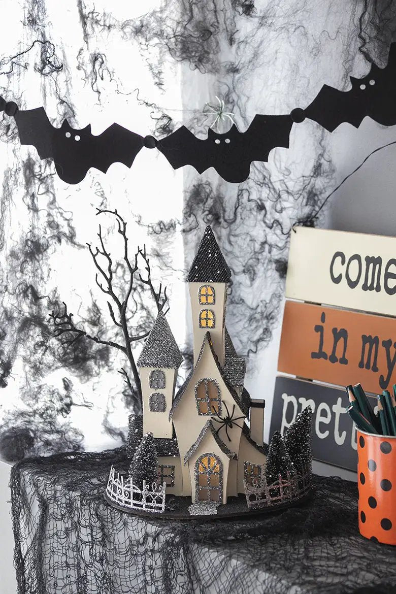 Cardboard lighted haunted house tabletop decor beige/black battery powered glitter roofs on Tampa Home & Garden Store