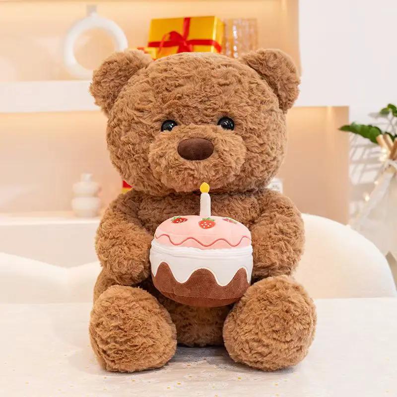 Teddy bear plush brown holding a pink frosted cake with candle for Valentine's Day gift on Tampa Home & Garden Store