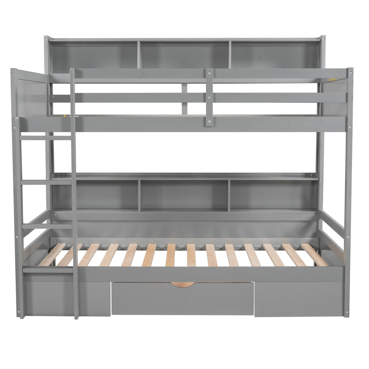 HouseOfZazla gray metal twin bunk bed with built-in shelves and storage drawer on Tampa Home & Garden Store