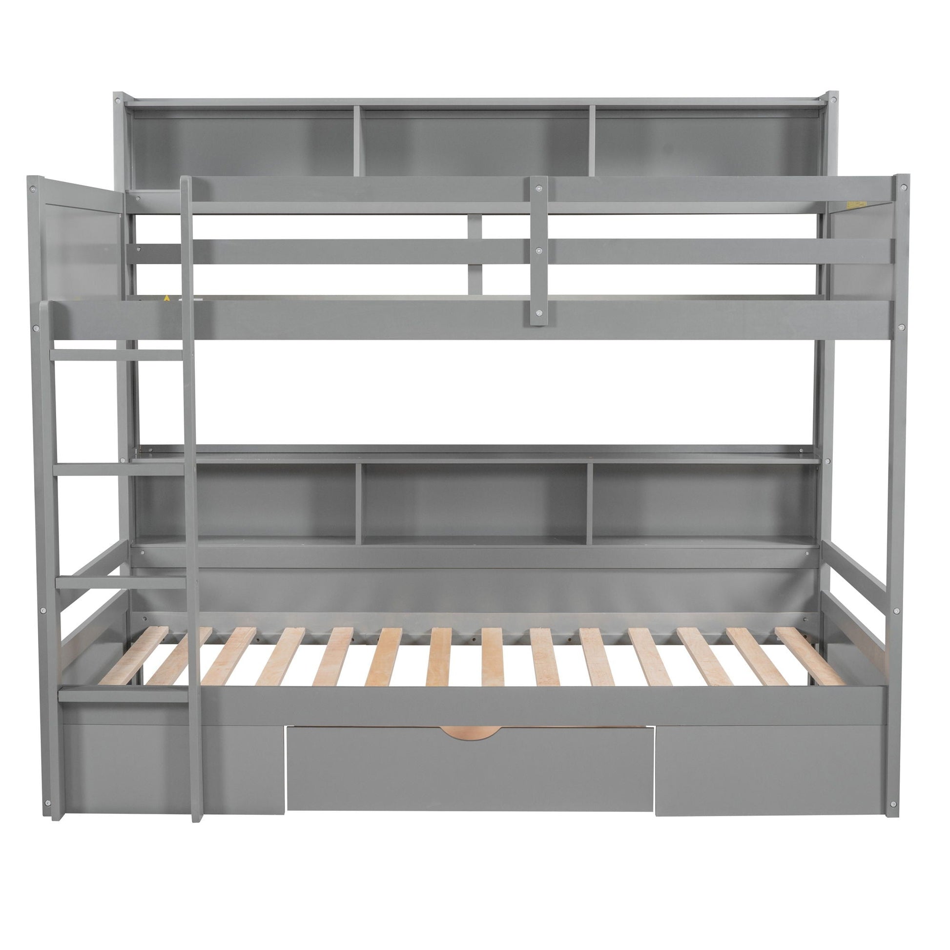 HouseOfZazla gray metal twin bunk bed with built-in shelves and storage drawer on Tampa Home & Garden Store