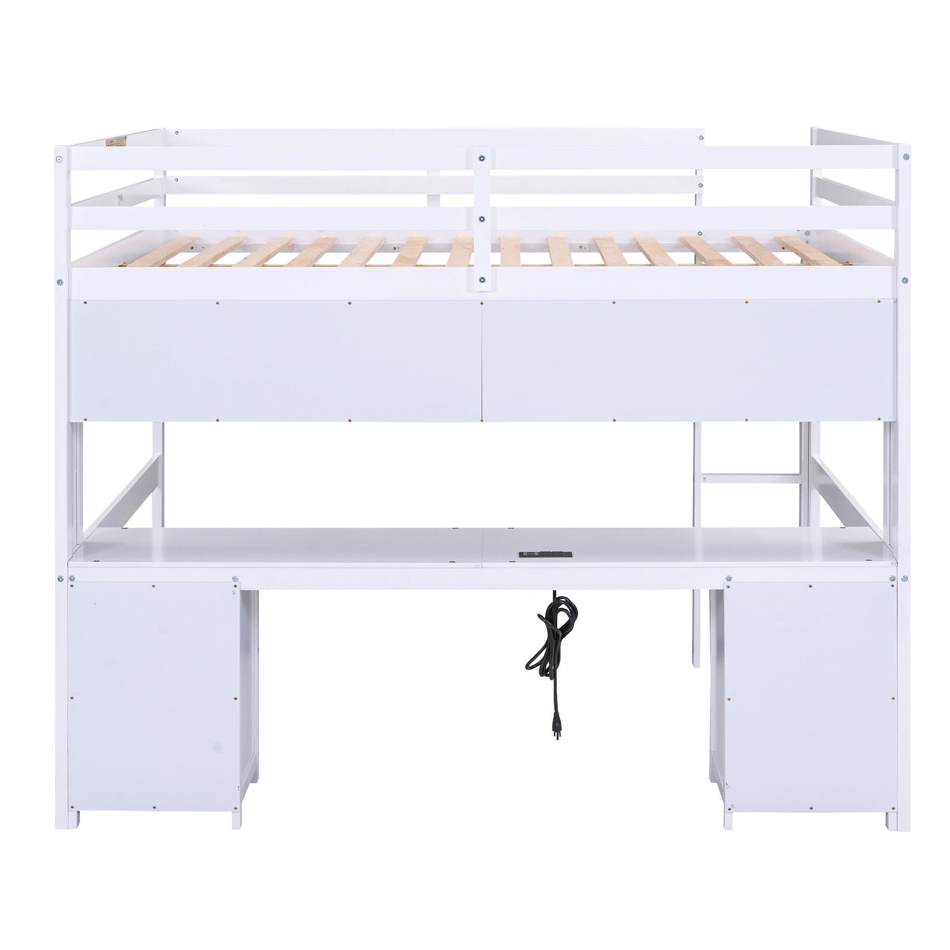 Loft bed with desk and storage cabinets in white finish, wood slat base by HouseOfZazla on Tampa Home & Garden Store