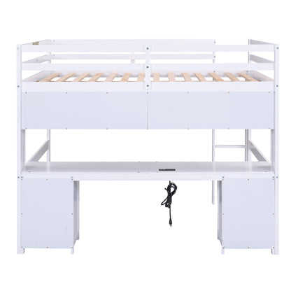 Loft bed with desk and storage cabinets in white finish, wood slat base by HouseOfZazla on Tampa Home & Garden Store