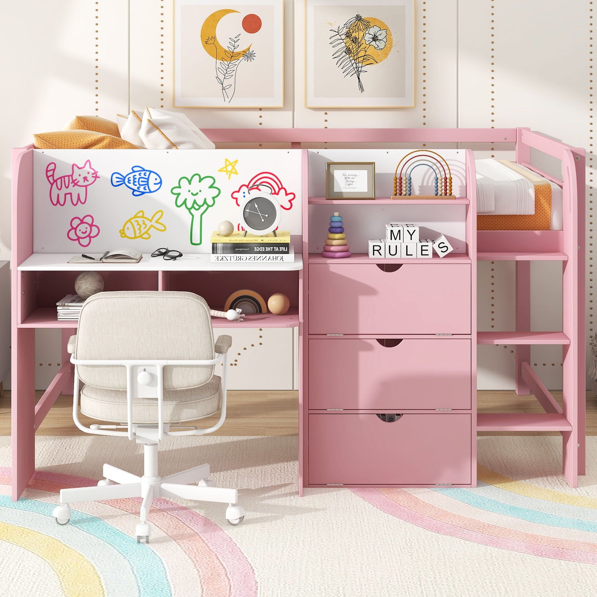 Pink low loft bed with built-in desk, doodle board, storage cabinets and open bookcase on Tampa Home & Garden Store
