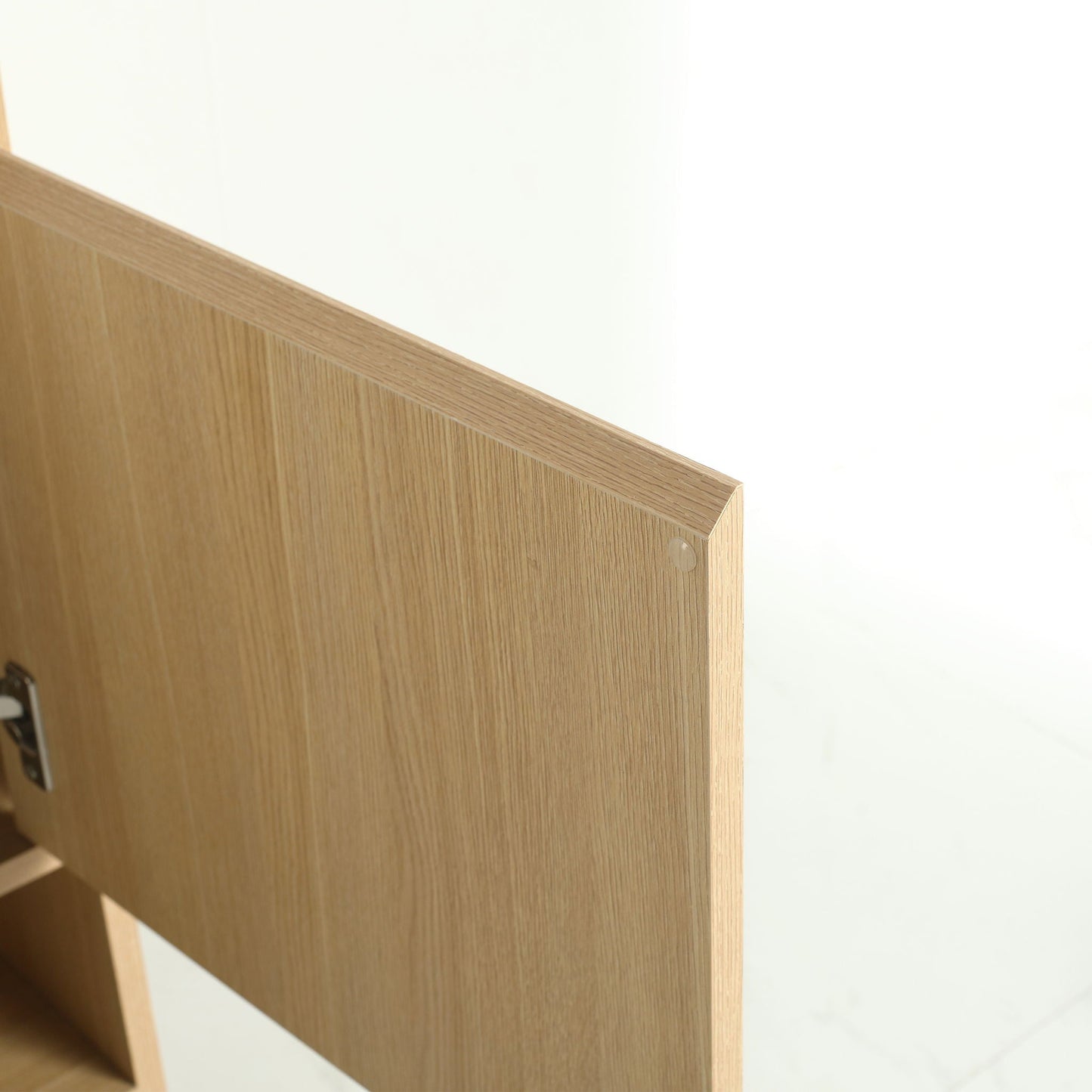 Modern bathroom vanity cabinet in oak veneer with open storage shelf on Tampa Home & Garden Store