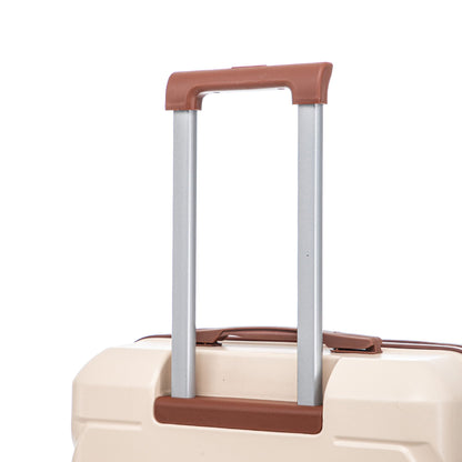 Spinner luggage top handle with brown grip on beige suitcase, silver rails on Tampa Home & Garden Store