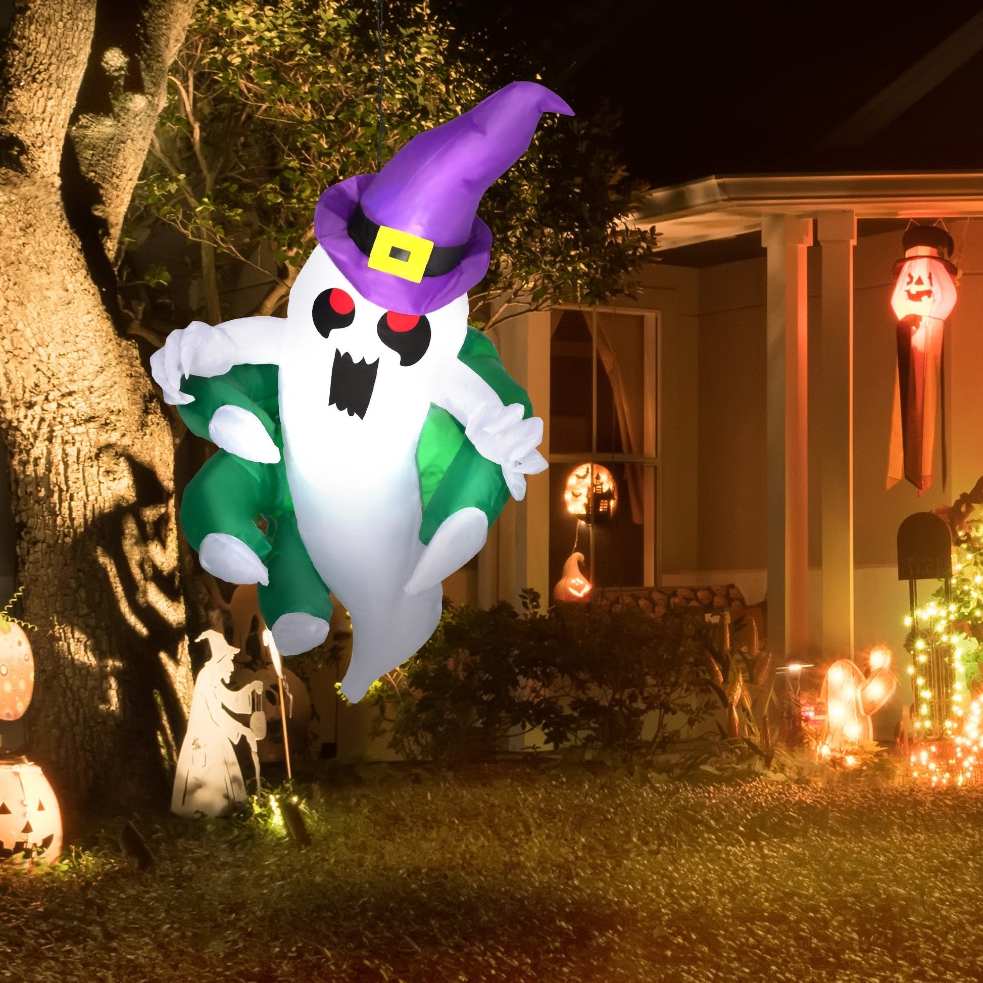 4ft Animated Window-Cling Ghost with LED, purple witch hat, red eyes, open mouth HouseOfZazla on Tampa Home & Garden Store
