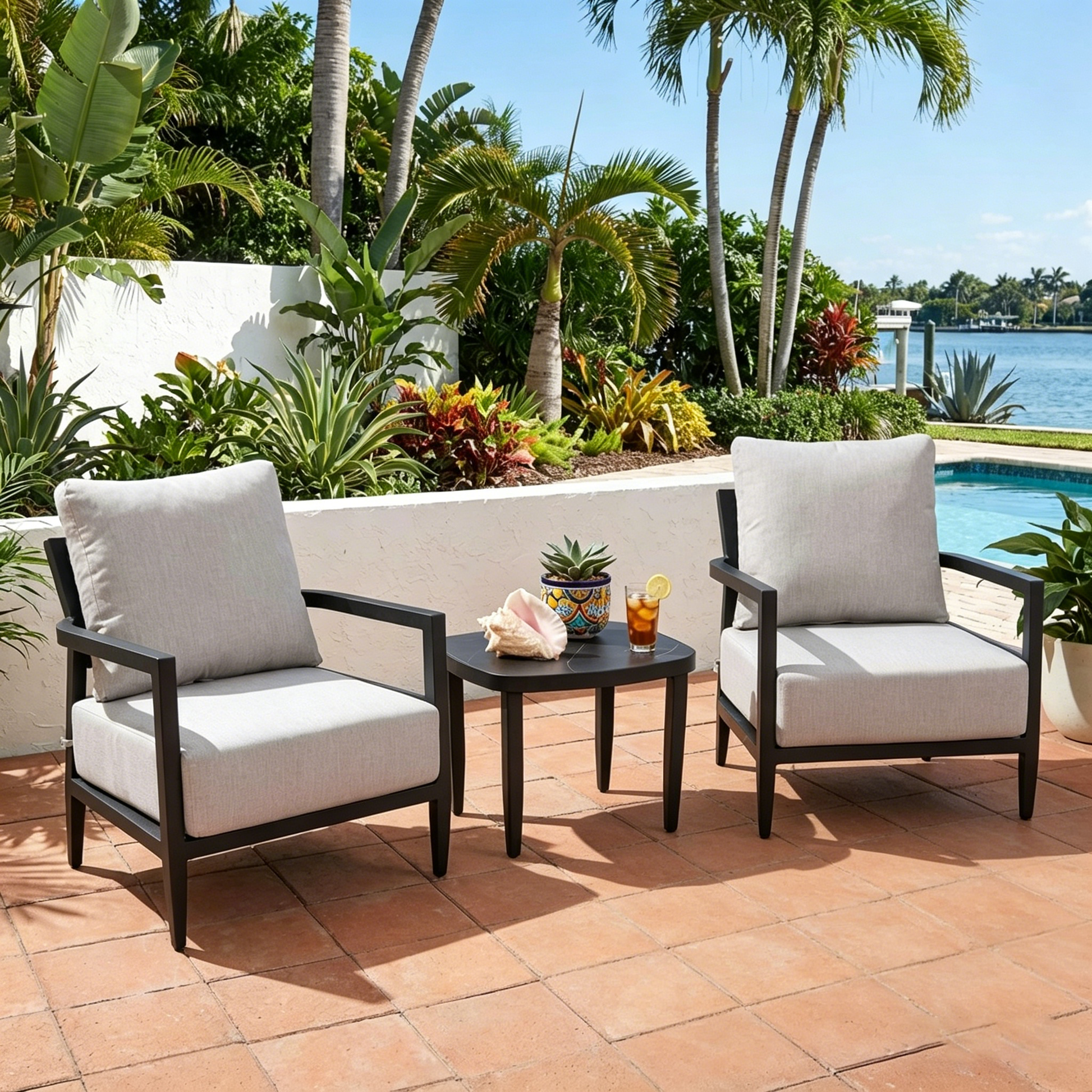 3pc outdoor aluminum patio furniture set with light gray cushions and black frames on Tampa Home & Garden Store