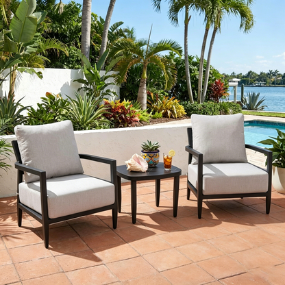 3pc outdoor aluminum patio furniture set with light gray cushions and black frames on Tampa Home & Garden Store