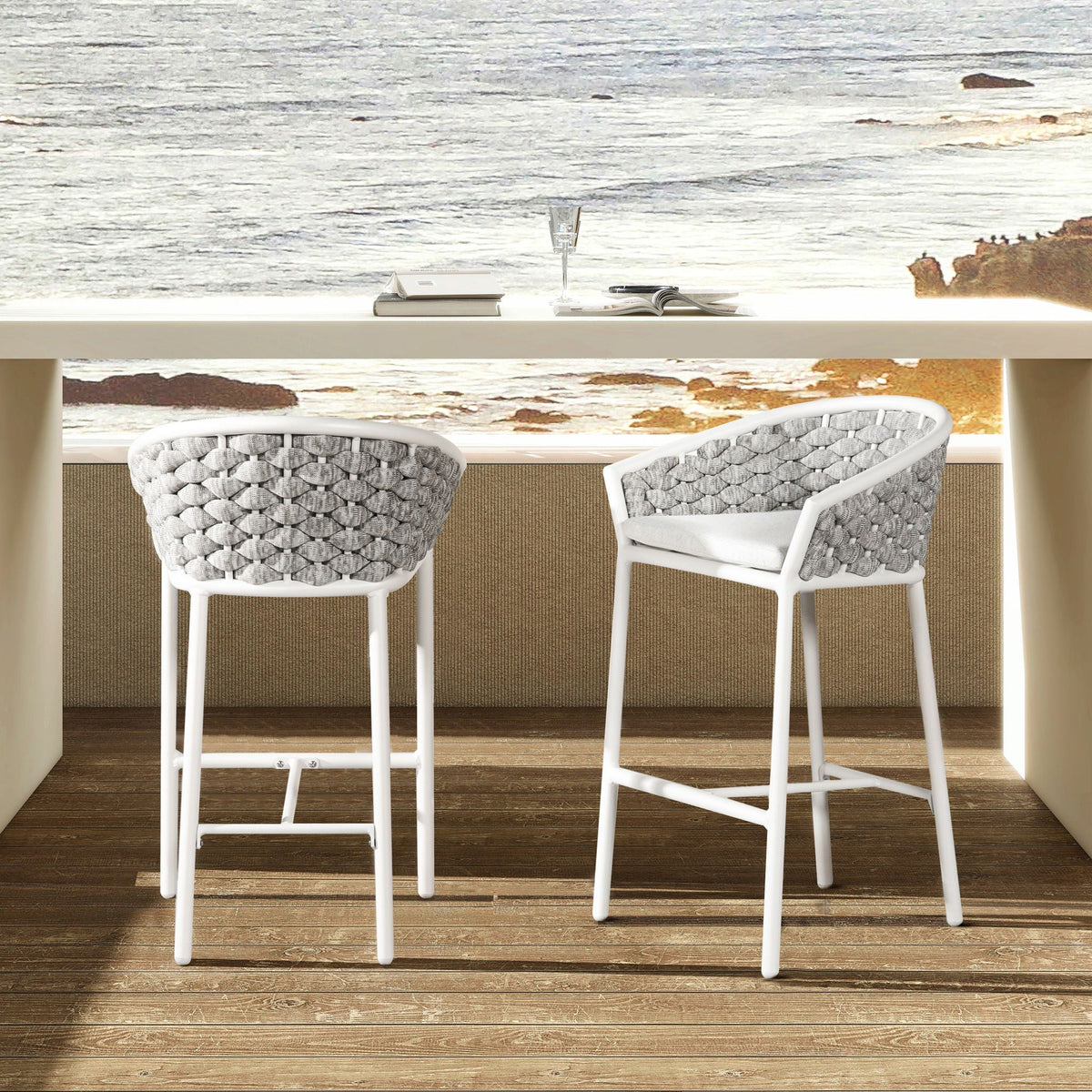 Counter stools optic white rope-barrel low-back, woven rope backs, weather-resistant 2-pack on Tampa Home & Garden Store