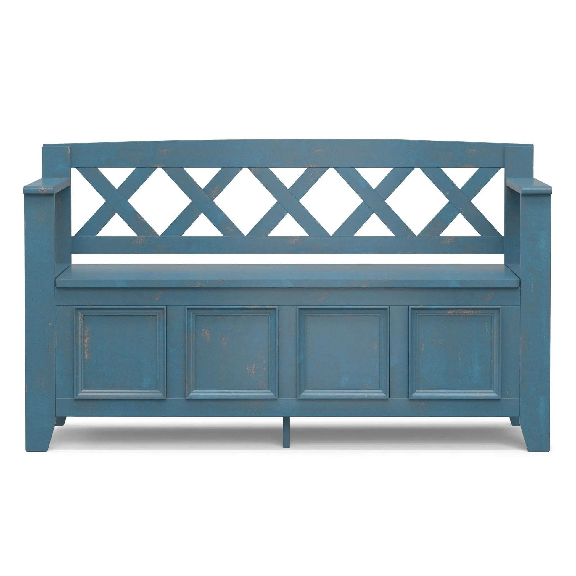 Amherst blue distressed entryway storage bench by Unique Piece Furniture with lattice back on Tampa Home & Garden Store