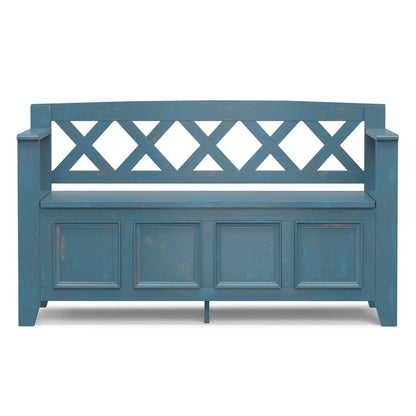 Amherst blue distressed entryway storage bench by Unique Piece Furniture with lattice back on Tampa Home & Garden Store