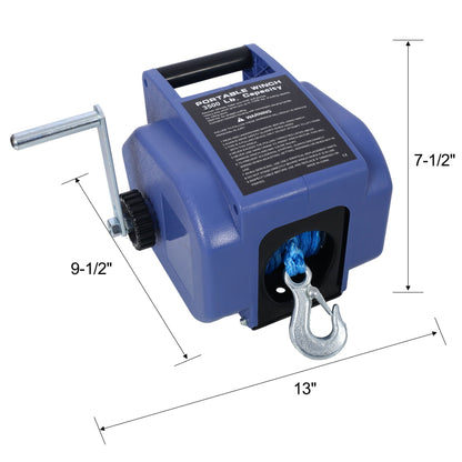 Reversible 12V electric trailer winch in blue housing with synthetic rope and metal hook on Tampa Home & Garden Store