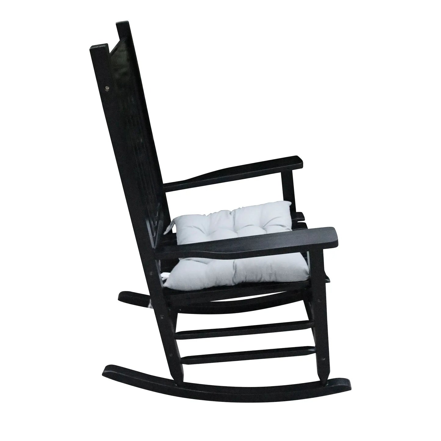 Classic wooden porch rocker in black Populus wood with white cushions by Unique Piece Furniture on Tampa Home & Garden Store
