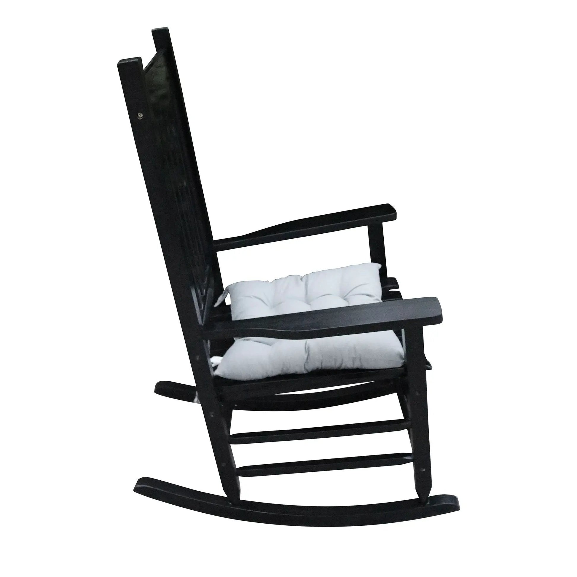 Classic wooden porch rocker in black Populus wood with white cushions by Unique Piece Furniture on Tampa Home & Garden Store