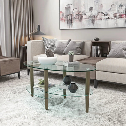 Transparent oval glass coffee table with oak wood legs and two-tier shelves in living room on Tampa Home & Garden Store