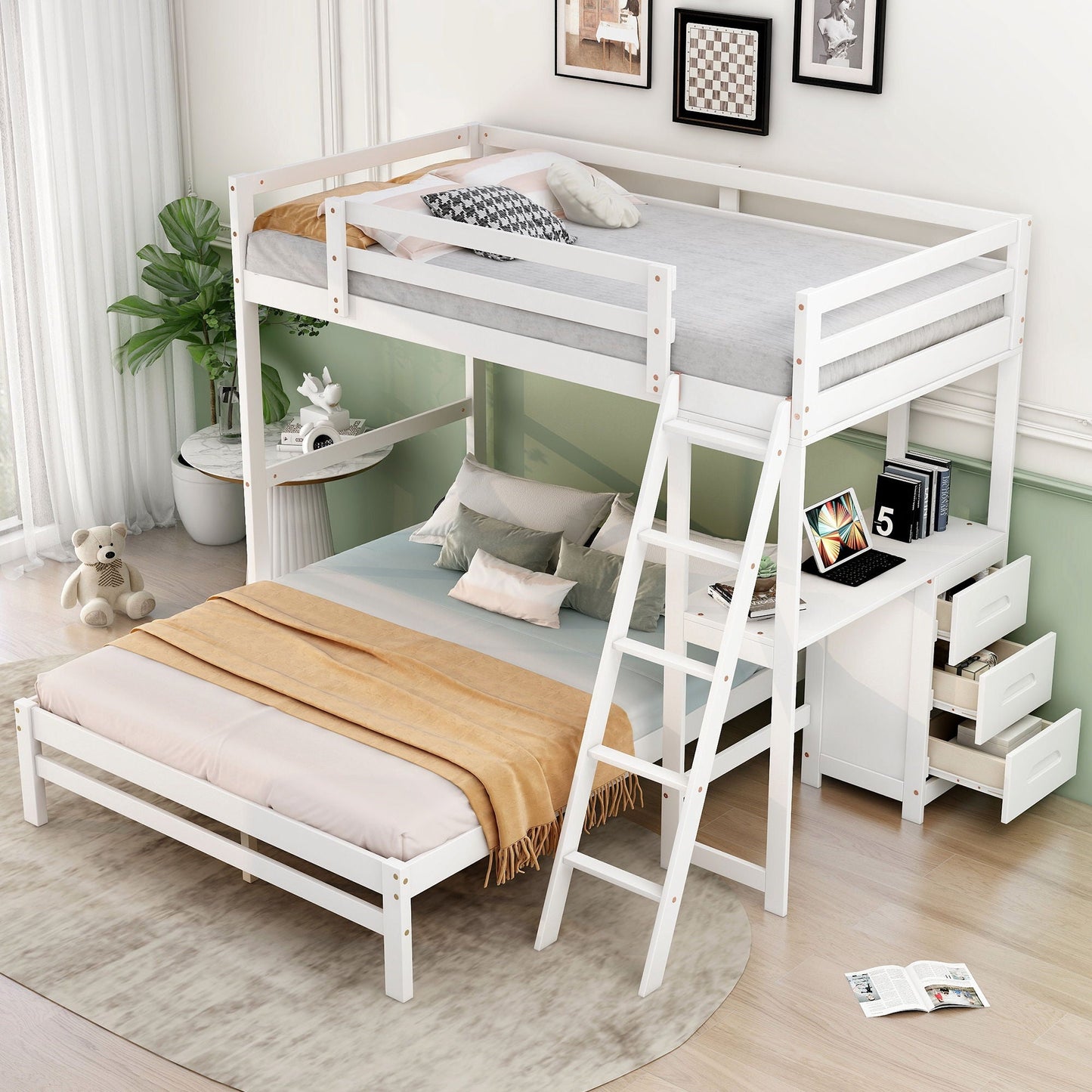Bunk bed with built-in desk and 3 drawers, white wood, ladder access on Tampa Home & Garden Store