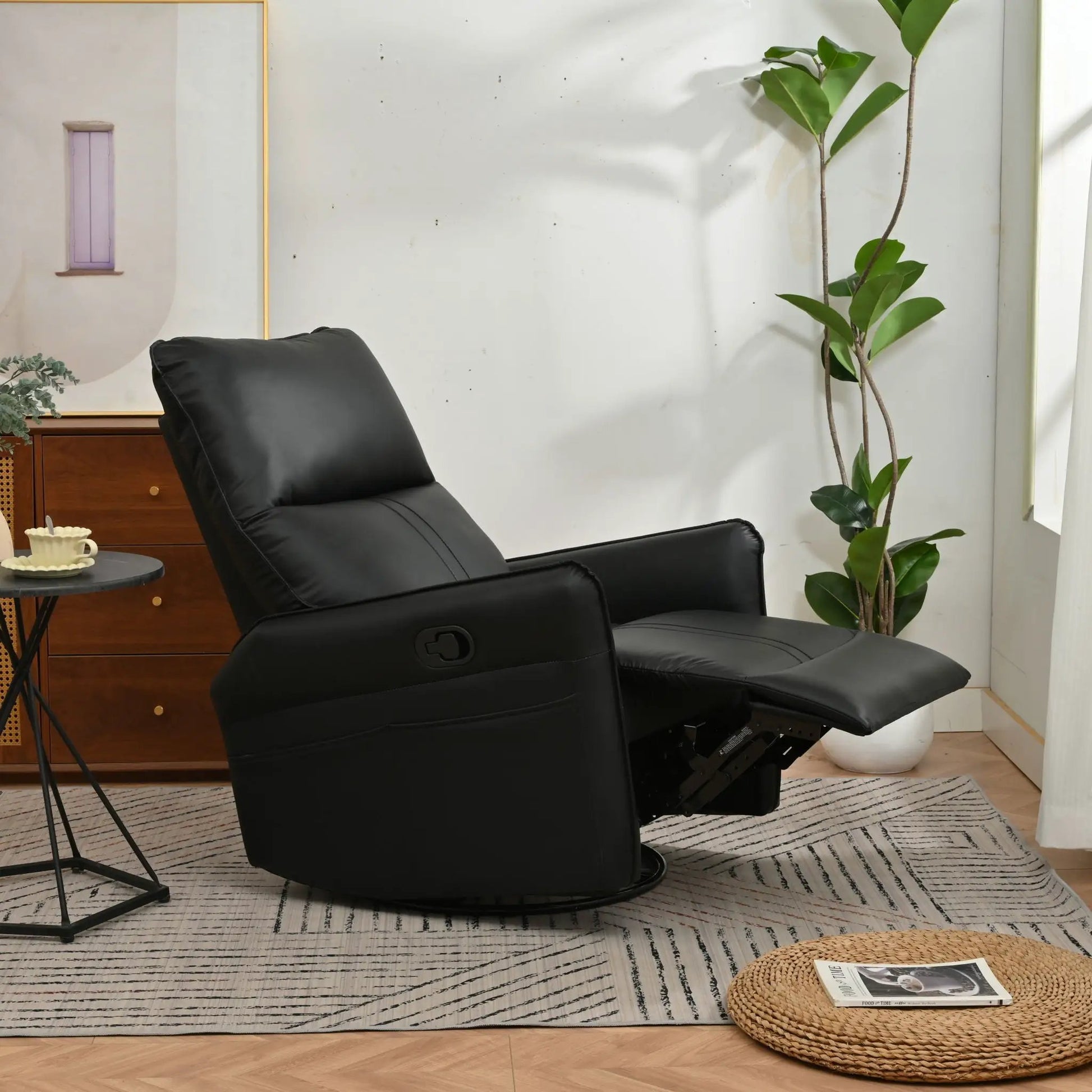 360° Modern Rocking Swivel Recliner Chair in black leather with side pocket and footrest on Tampa Home & Garden Store