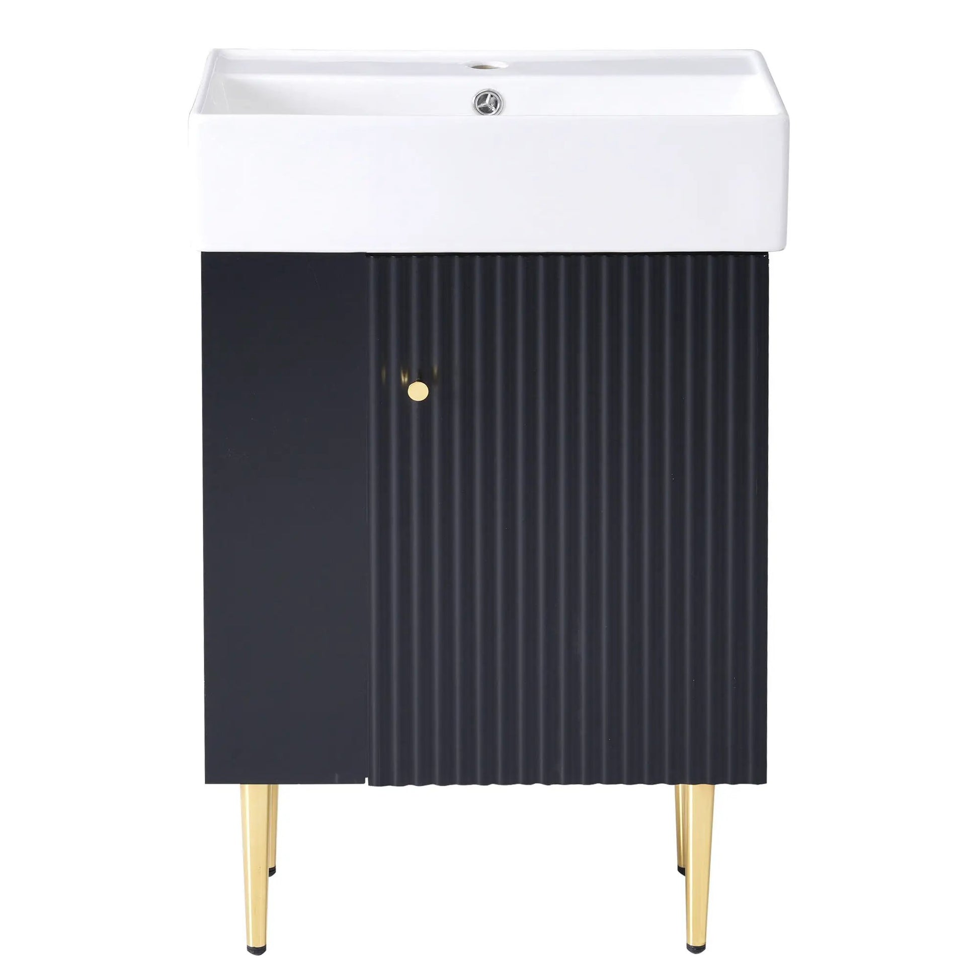 Bathroom vanity with single ceramic sink, white countertop and black ribbed base with gold legs on Tampa Home & Garden Store