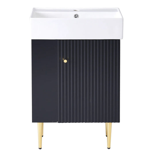 Bathroom vanity with single ceramic sink, white countertop and black ribbed base with gold legs on Tampa Home & Garden Store