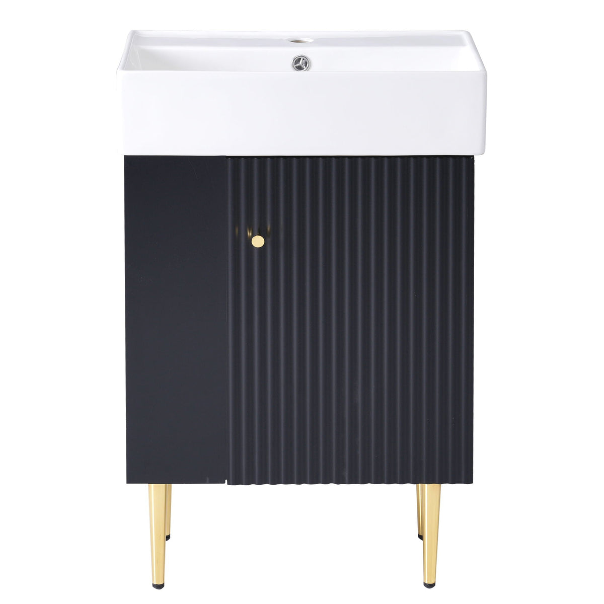 Bathroom vanity by HouseOfZazla with white ceramic sink, black ribbed cabinet and gold legs on Tampa Home & Garden Store
