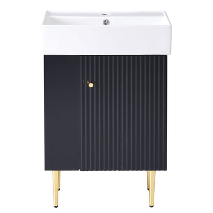 Bathroom vanity by HouseOfZazla with white ceramic sink, black ribbed cabinet and gold legs on Tampa Home & Garden Store