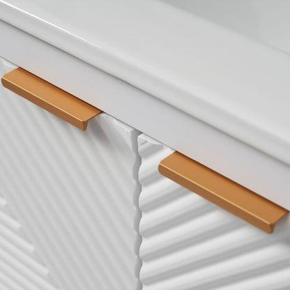 Modern white bathroom vanity cabinet with gold bar pull handles for compact storage on Tampa Home & Garden Store