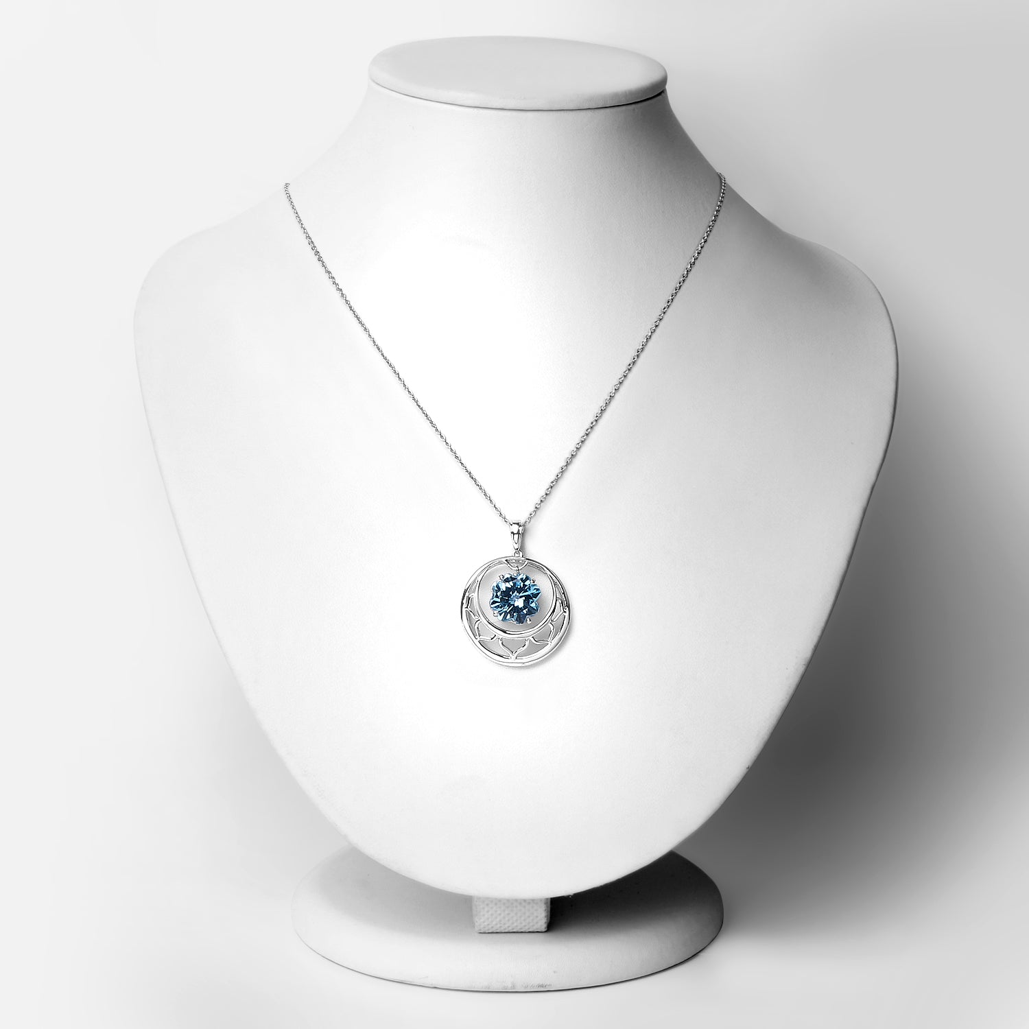 Pendant 8.75ct Swiss Blue Topaz in .925 Sterling Silver with decorative openwork circle on chain on Tampa Home & Garden Store