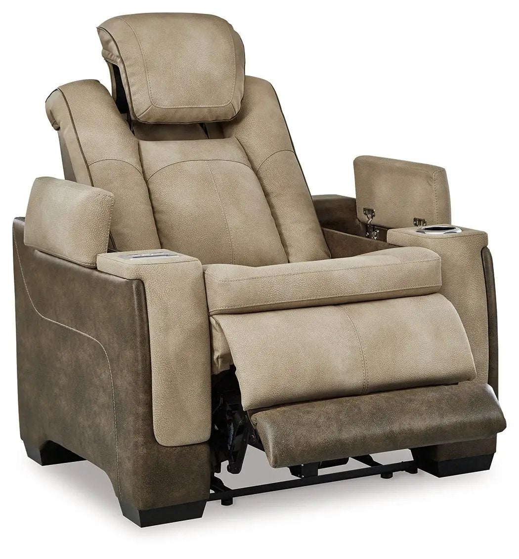 Next-Gen Durapella Pwr Recliner/Adj Headrest reclining chair in tan with built-in cup holders on Tampa Home & Garden Store