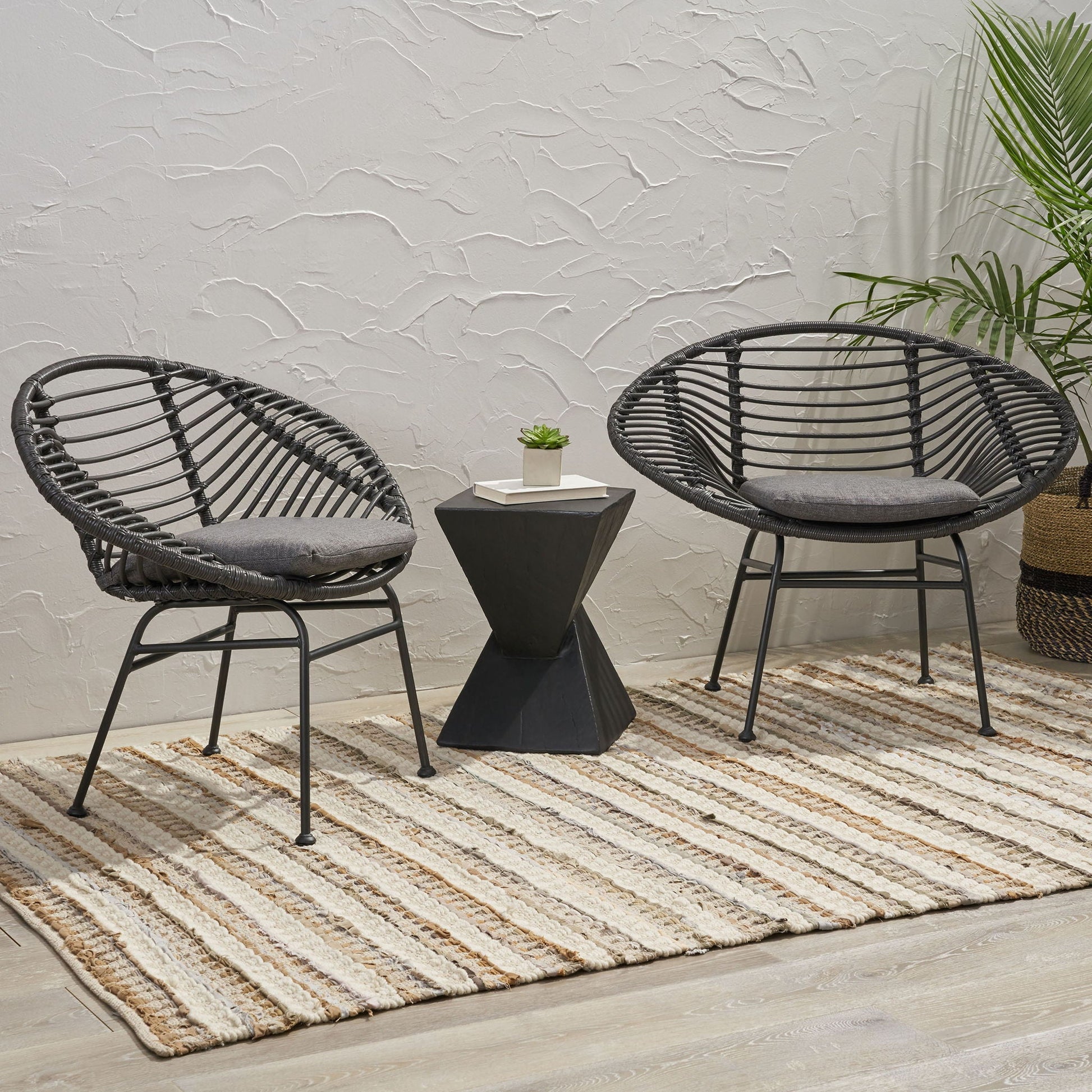 Cordella outdoor woven wicker chairs with cushions, set of 2, black wicker with gray cushions on Tampa Home & Garden Store