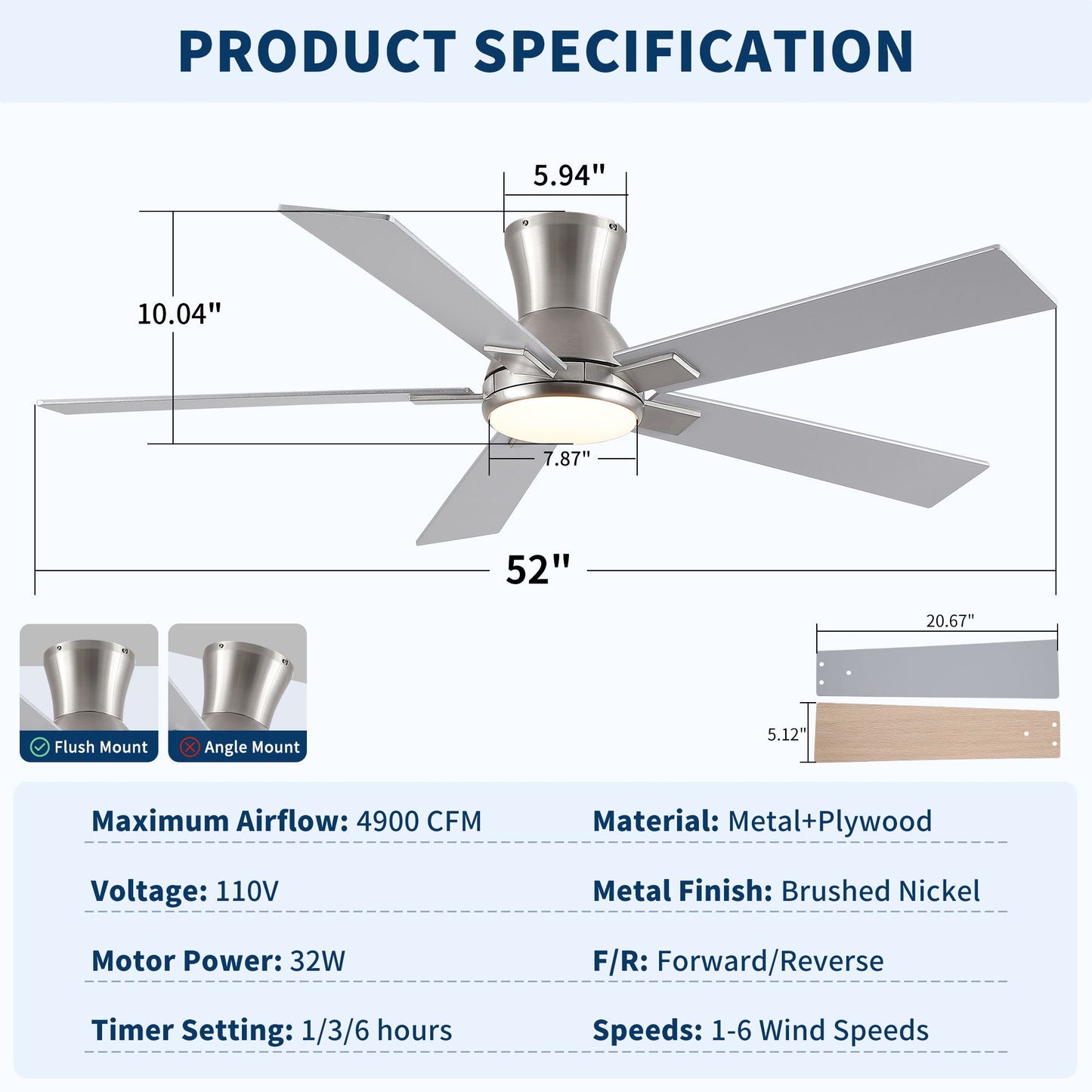 Ceiling Fan with integrated LED light by HouseOfZazla, low-profile flush mount, brushed nickel, 5 blades on Tampa Home & Garden Store