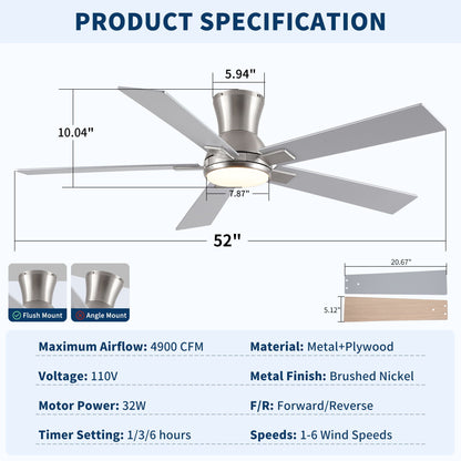 Ceiling Fan with integrated LED light by HouseOfZazla, low-profile flush mount, brushed nickel, 5 blades on Tampa Home & Garden Store