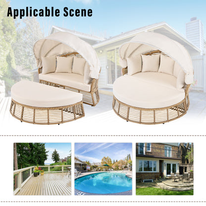 Patio Rattan Round Daybed and Retractable Canopy