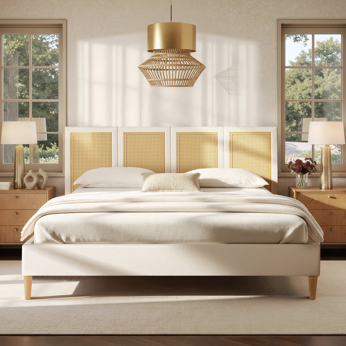 Toscana King Upholstered Cane-Back Platform Bed antique beige by HouseOfZazla on Tampa Home & Garden Store